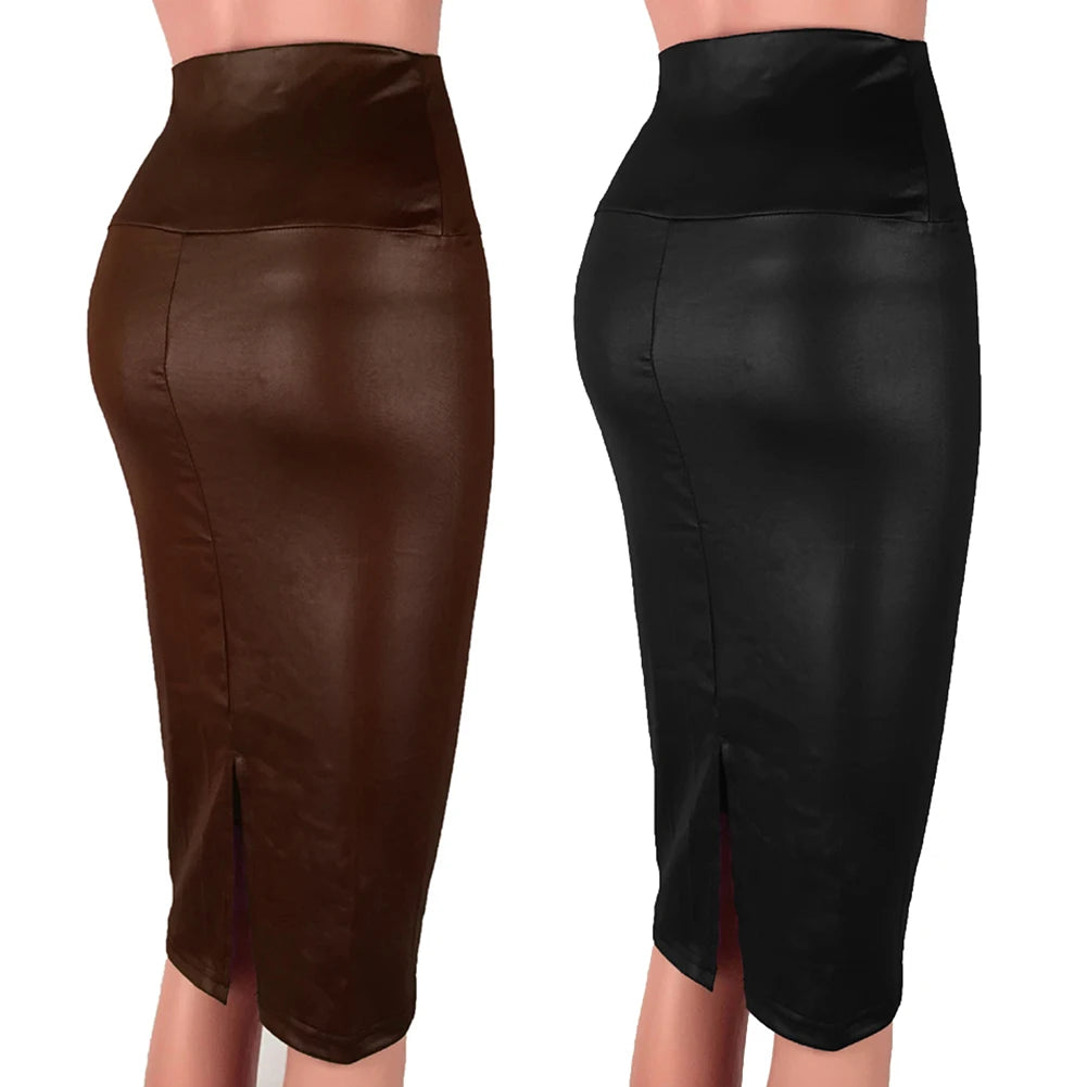 Sexy Kunstleder-Bleistiftrock mit hohem Bund & Rückenschlitz – Eleganter Bodycon Rock für Büro & Abendlook